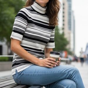 White House Black Market Small Knit Sweater Half Sleeve Striped Cowl Neck WHBM